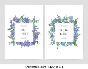 Bundle of elegant floral wedding invitations with beautiful blooming nigella and clematis flowers and place for text. Set of cards decorated with flowering herbs. Hand drawn vector illustration.
