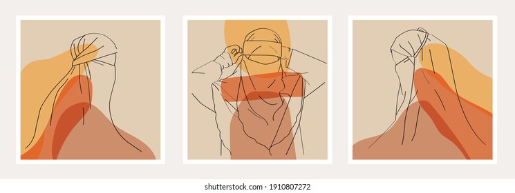 Bundle of Elegant Niqab Hijab Style Poses Line Art Illustration Perfect for Social Media Template, Wall Art. Arabian Female Muslim Faceless Concept with Abstract Background