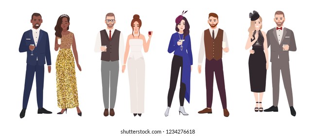 Bundle of elegant romantic couples in evening outfits holding glasses with drinks. Set of fashionable men and women dressed for cocktail party. Colorful vector illustration in flat cartoon style.