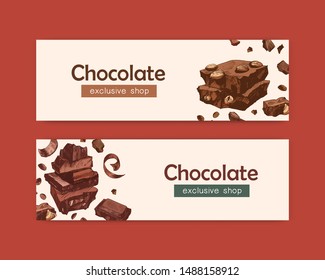 Conjunto de elegantes plantillas web con barras de chocolate, postres ecológicos dulces y deliciosas confecciones naturales. Ilustración vectorial decorativa para publicidad de tienda, tienda o confitería.