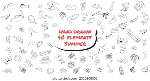 Bundle of elements with the topic Summer. Simple hand drawn. Vector set. Ink illustration.