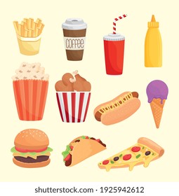 bundle of eleven fast food products icons vector illustration design