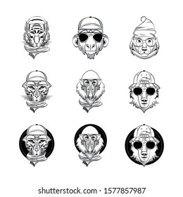 bundle of emblems animals heads vector illustration design