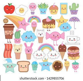 bundle of emojis animals and food kawaii characters vector illustration design