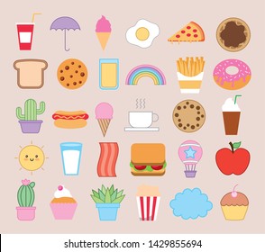 bundle of emojis bakery and fast food kawaii characters vector illustration design
