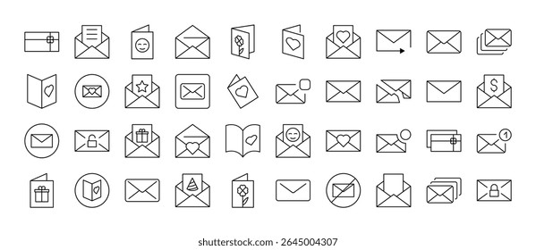 Pacote de ícones de envelope, correio, postar linha relacionada. Outline Signs para Gráficos e Web Design, Apps, Anúncios, Vários Cartões 