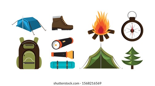 bundle equipment camping set icons vector illustration design