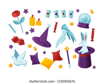 Bundle of equipment and tools for performing magic show and magical tricks isolated on white background - bunny sitting in top hat, playing cards, white dove. Flat cartoon colored vector illustration.