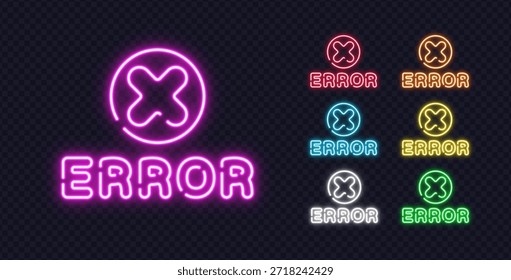 Paquete de letreros de neón ERROR con íconos en negrita cruzados, ideal para alertas del sistema, advertencias o contenido relacionado con la tecnología.