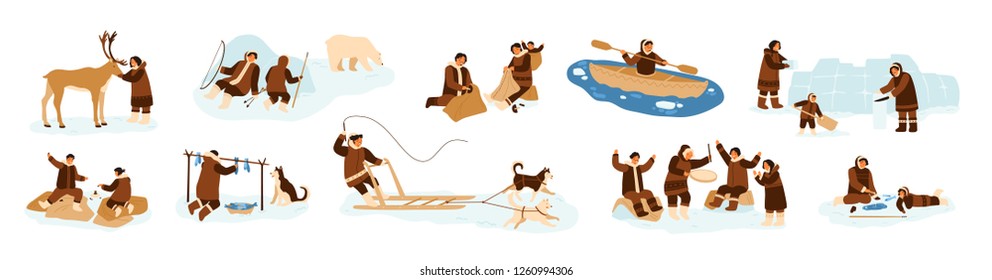 Bundle of Eskimo men, women and children in traditional folk costumes. Collection of northern indigenous people fishing, hunting bear, dancing, building igloo. Flat cartoon vector illustration.