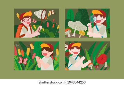 Bundle The explorer boy gang holding net and magnifying glass was walking search something in the park, cartoon character style, flat vector illustration