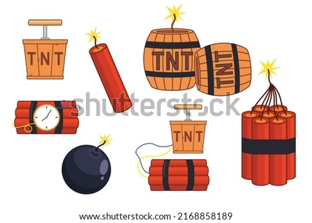 Bundle of explosives set. Red sticks of dynamite with timer prepared bomb with hand detonators burning cable of detonating device danger of working with TNT retro fuse bicforod cord. Cartoon vector.