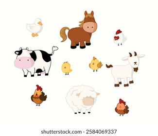 Bundle of faceless farm animals, livestock and poultry. Collection of cute cartoons isolated on white background. Colorful vector illustration in flat style.