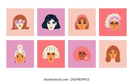 Paquete con las caras de varias mujeres. Concepto de postal para el 8 de marzo, concepto feminista. Ilustración vectorial para tarjeta postal, cubierta, camiseta.