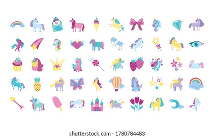 bundle of fairytale unicorn set icons vector illustration design