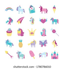 bundle of fairytale unicorn set icons vector illustration design