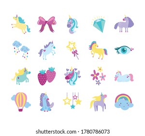 bundle of fairytale unicorn set icons vector illustration design