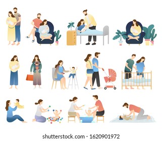 bundle of family activities. performing daily activities, caring with man for infant newborn baby, healthy baby, newborn, maternity scenes, happy family, and happy motherhood. flat vector illustration