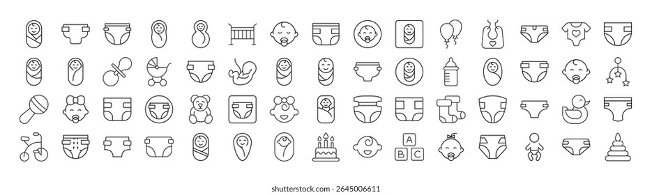 Pacote de família, bebê, fraldas ícones de linha relacionados. Outline Signs para Gráficos e Web Design, Apps, Anúncios, Vários Cartões 