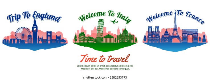 bundle of famous landmark of the Europe with silhouette style on float island,travel and tourism,vector illustration