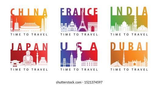 Bundle of famous landmark silhouette modern style with bright gradient flag color, vector illustration