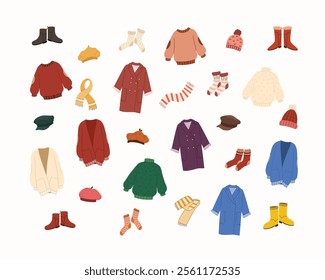 Bundle of fashion outfits on fall season. Collection of hats, boots, sock, scarf, sweater, knitted sweater, cardigan, coat on fall season on hand drawn style