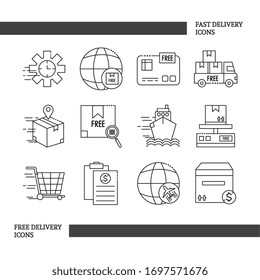 Paket mit schneller Lieferung und kostenloser Lieferlinie Stil Symbole Vektorillustration Design Illustration Design