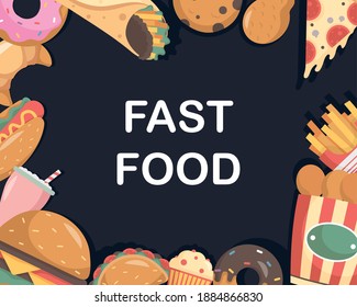 bundle of fast food set around of lettering vector illustration design