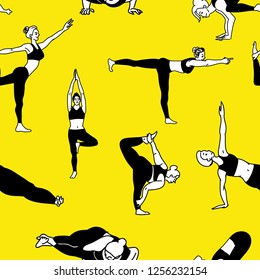  Bundle of female cartoon characters in yoga positions pattern isolated on yellow background. Black and white flat vector illustration for clothes, fashion, cards, wrappaper