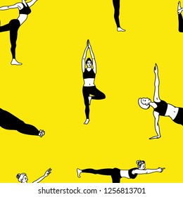  Bundle of female cartoon characters in yoga positions pattern isolated on yellow background. Black and white flat vector illustration for clothes, fashion, cards, wrappaper