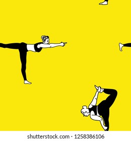  Bundle of female cartoon characters in yoga positions pattern isolated on yellow background. Black and white flat vector illustration for clothes, fashion, cards, wrappaper