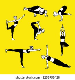  Bundle of female cartoon characters in yoga positions pattern isolated on yellow background. Black and white flat vector illustration for clothes, fashion, cards, wrappaper