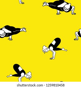  Bundle of female cartoon characters in yoga positions pattern isolated on yellow background. Black and white flat vector illustration for clothes, fashion, cards, wrappaper