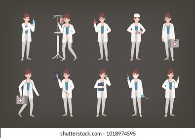 Bundle of female doctor, physician or surgeon standing in different postures. Set of woman in white coat holding medical equipment - syringe, thermometer, scalpel, first aid kit. Vector illustration.