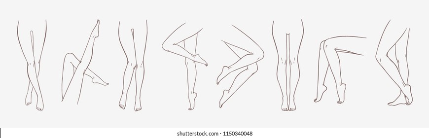 Bundle of female legs in different poses or postures hand drawn with contour lines. Collection of elegant drawings of women's feet isolated on white background. Monochrome vector illustration.