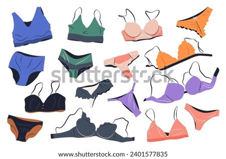 Bundle of female lingerie sets isolated on white background. Undergarments, bras, panties for women. Hand drawn colorful flat vector illustrations.