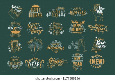 Bundle of festive Happy New 2019 Year inscriptions handwritten with creative calligraphic fonts and decorated with holiday elements - baubles, fireworks, garlands, snowflakes. Vector illustration.