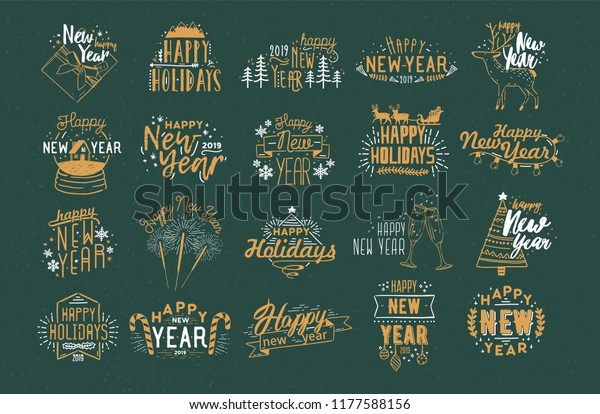 Bundle of festive Happy New 2019 Year inscriptions handwritten with creative calligraphic fonts and decorated with holiday elements - baubles, fireworks, garlands, snowflakes. Vector illustration.