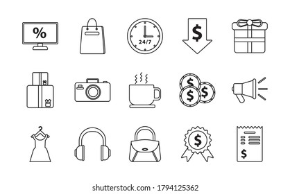 bundle of fifteen shopping set collection icons vector illustration design