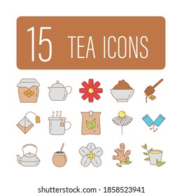 bundle of fifteen tea set fill style icons vector illustration design