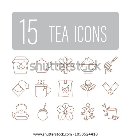 bundle of fifteen tea set line style icons vector illustration design