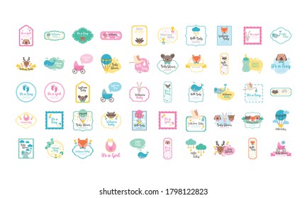 bundle of fifty baby shower set icons vector illustration design