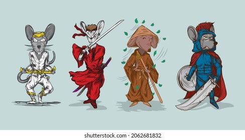 Bundle of fighting mouse character illustration with different dress style