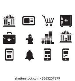 Paquete de iconos de conjunto de finanzas diseño de Ilustración vectorial en blanco y negro