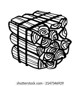 Bundle of firewood outline doodle vector illustration. Branches tied with rope