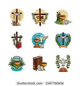 bundle of first communion set icons vector illustration design