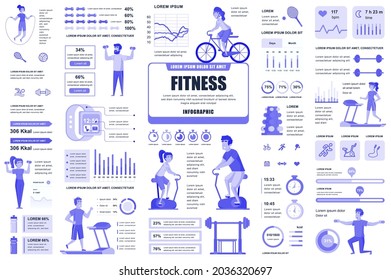 Conjunto de elementos de fitness y de infografía deportiva UI, UX, KIT. Diferentes gráficos, diagramas, flujo de trabajo, equipo de fitness, gimnasio, plantilla de diseño de entrenamiento cardiovascular. Juego de infografía e infografía de vectores.