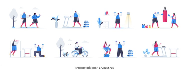 Bundle of fitness training scenes. People jogging, bicycle riding, lifting dumbbells and training with punching bag flat vector illustration. Bundle of workout with people characters in situations.
