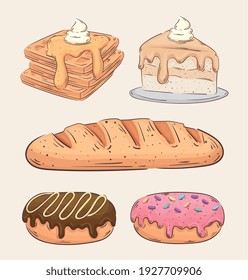 bundle of five bakery shop set icons vector illustration design