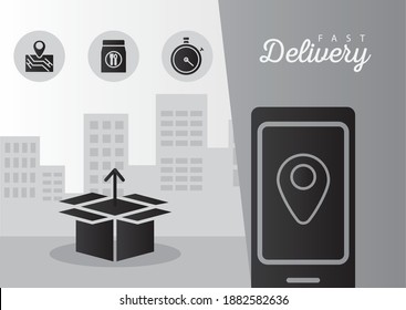 bundle of five delivery service icons and lettering on cityscape vector illustration design